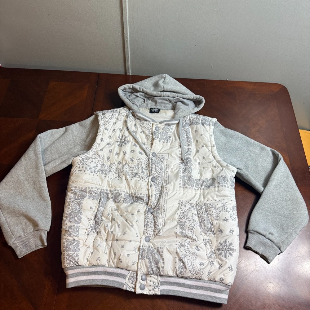 Puffer Jacket Paisley Bandana Gray Cream Hoodie Original Deluxe Supply XL Y2K